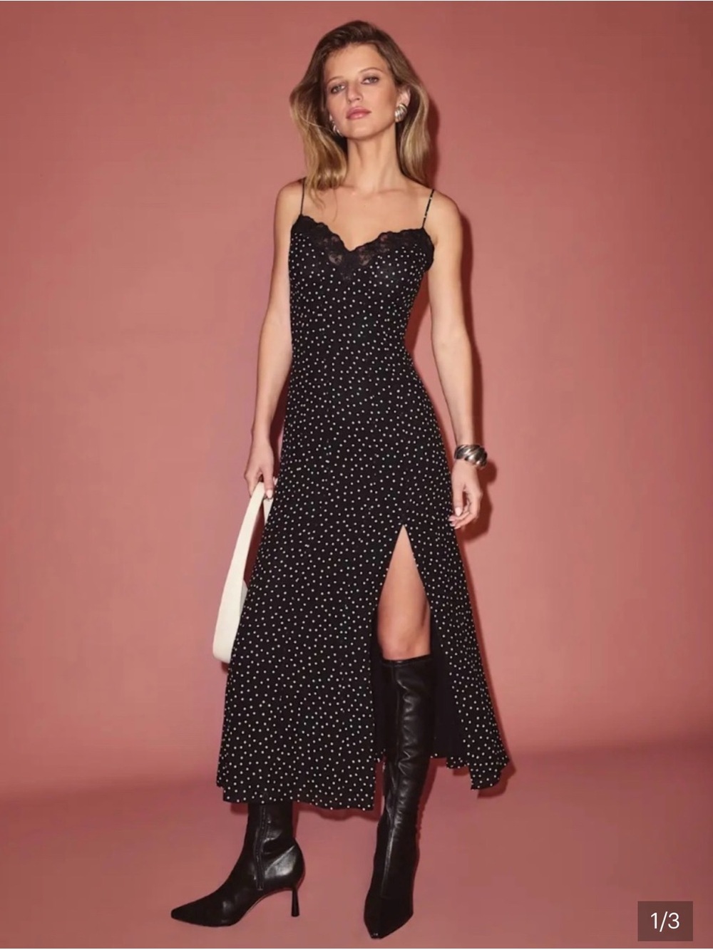 Reformation Lucine Dress, Black Polka Dot, Size 10
